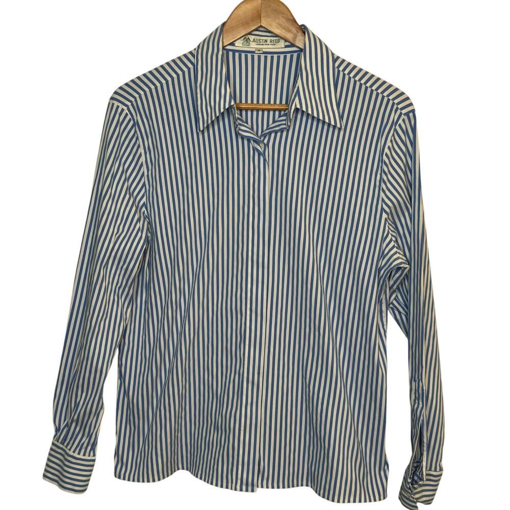 Austin Reed Women;s 14 Blue and White Striped Button Up Blouse